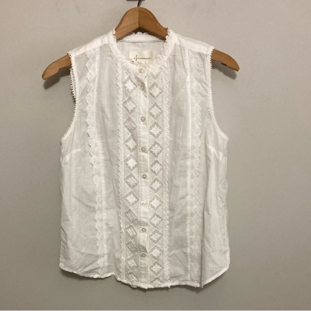 Anthropologie White Buttoned Embellished Blouse Mandarin Collar, Size Medium - Picture 3 of 10